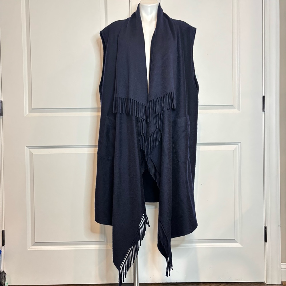 Loro Piana Navy Blue Cashmere Fringe Long Vest Pockets O/S